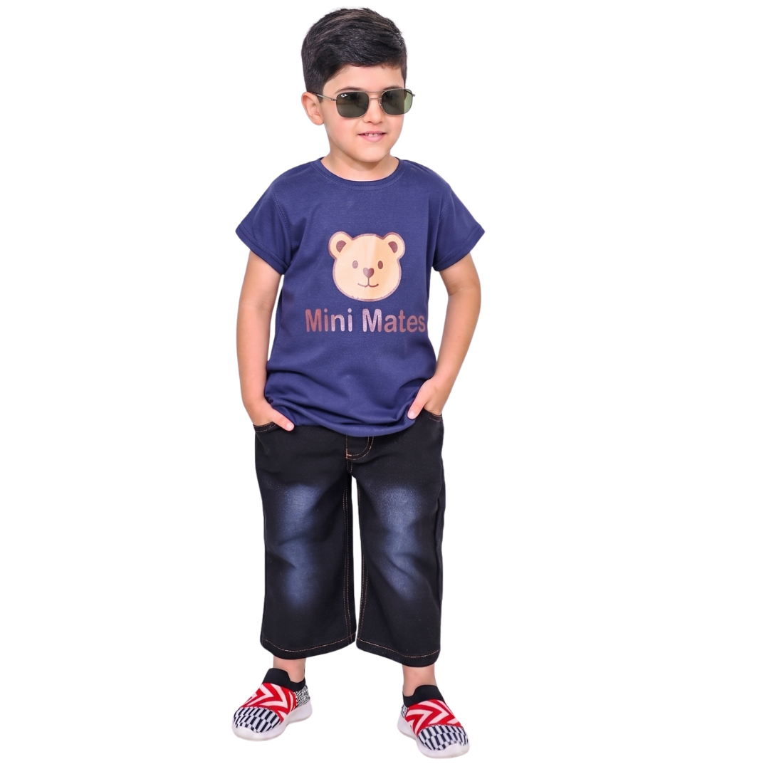Bear Print Jersey Tee & Washed Black Denim Short Set